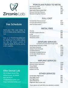 Zirconia Lab dental services pricing list.