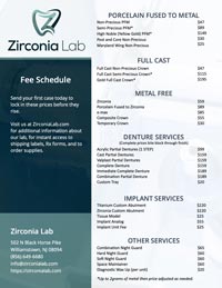 Zirconia Lab dental fee schedule overview.